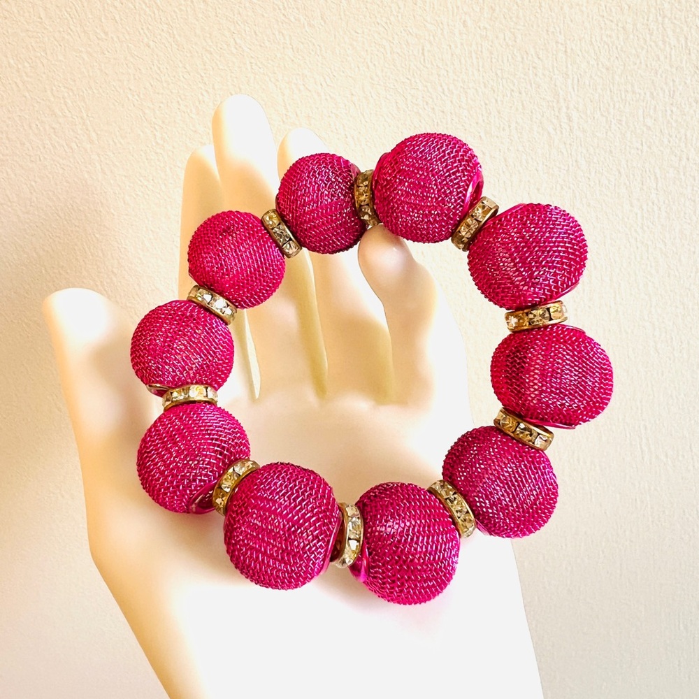 Vintage chunky Hot Pink Bracelet Stretchy Metal Mesh rheistones 6 - 7" - Picture 4 of 12